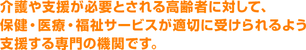 介護や支援が必要とされる高齢者に対して、保健・医療・福祉サービスが適切に受けられるよう支援する専門の機関です